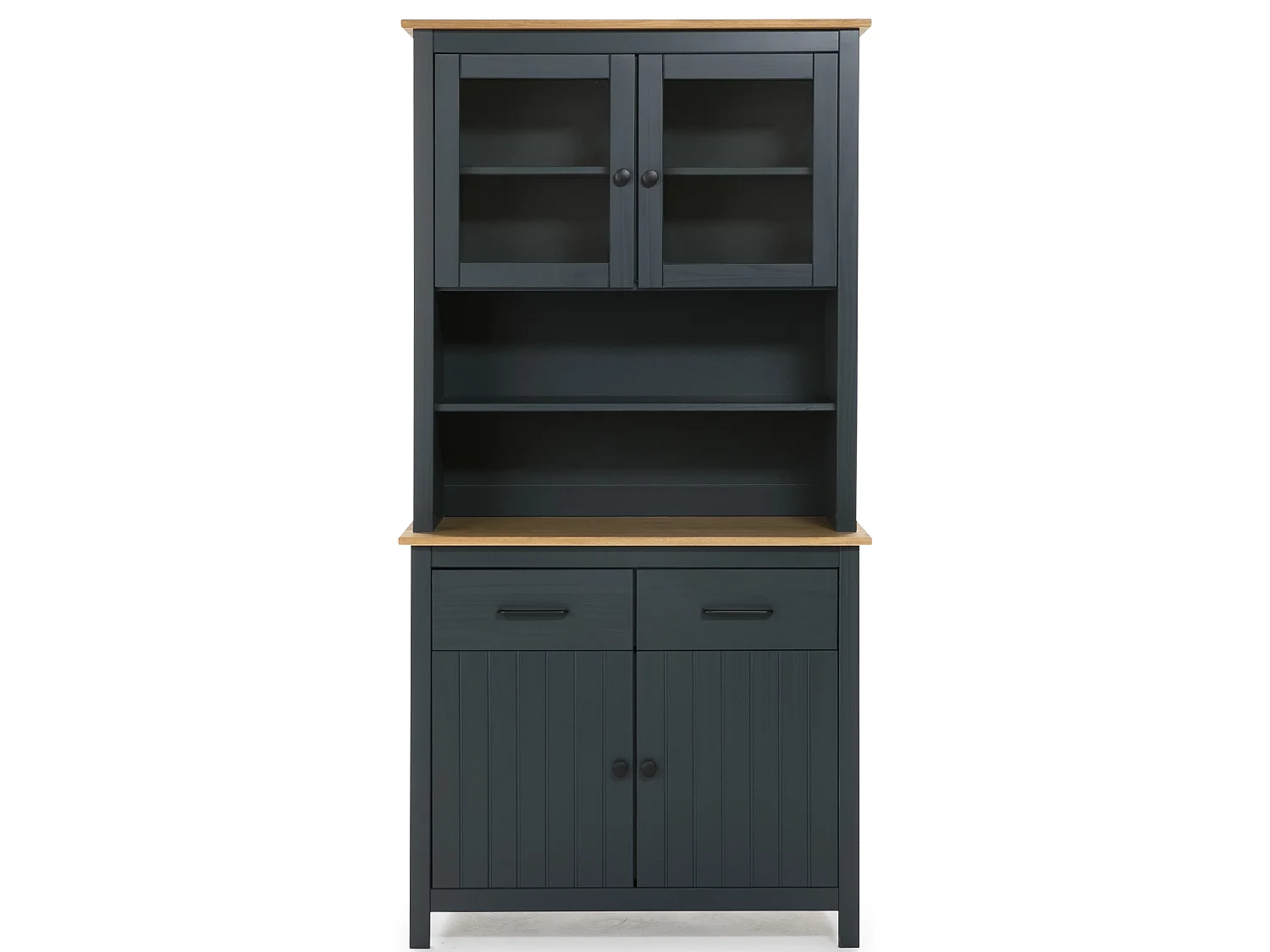 Vitrine en pin massif décor ciré chêne et bleu, meuble de rangement - Longueur 90 x Profondeur 40 x Hauteur 180 cm