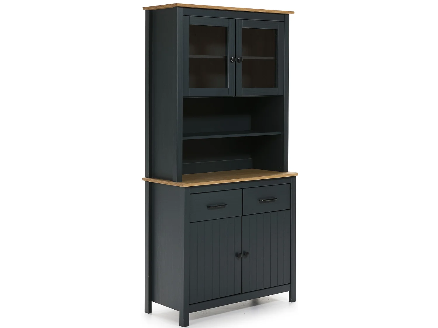 Vitrine en pin massif décor ciré chêne et bleu, meuble de rangement - Longueur 90 x Profondeur 40 x Hauteur 180 cm