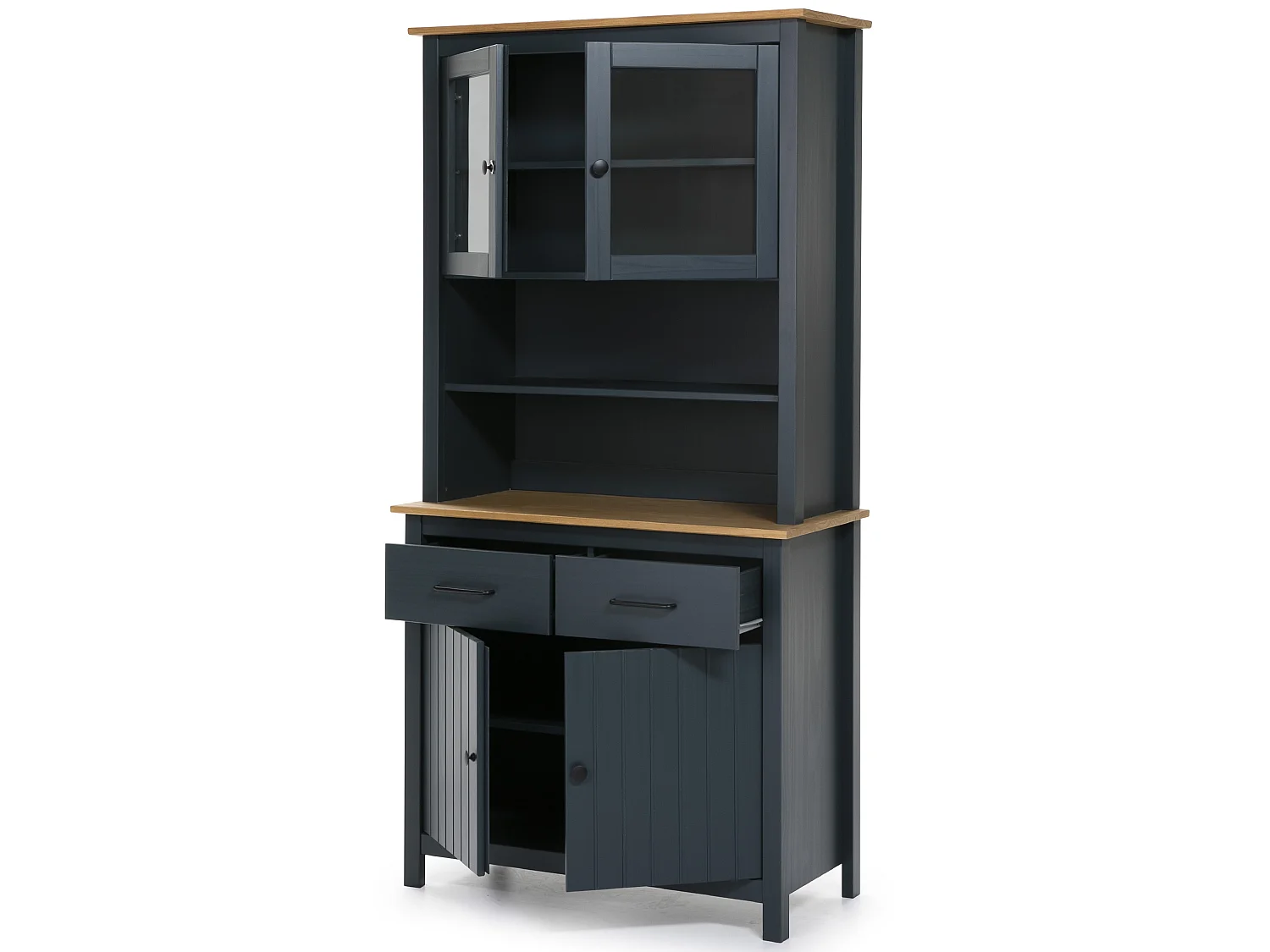 Vitrine en pin massif décor ciré chêne et bleu, meuble de rangement - Longueur 90 x Profondeur 40 x Hauteur 180 cm