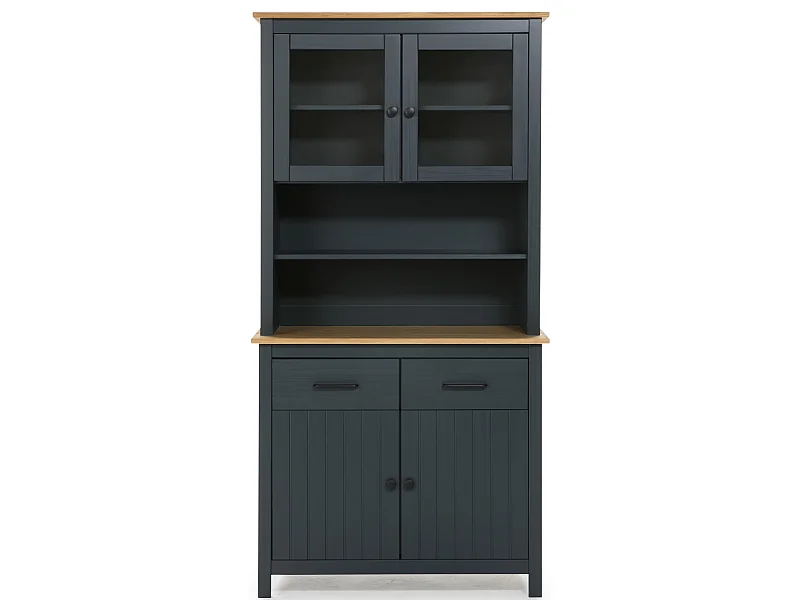 Vitrine en pin massif décor ciré chêne et bleu, meuble de rangement - Longueur 90 x Profondeur 40 x Hauteur 180 cm