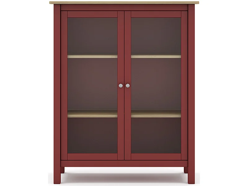 Vitrine en pin massif chêne et bordeaux, meuble de rangement avec 2 portes - Longueur 90 x Profondeur 40 x Hauteur 110 cm