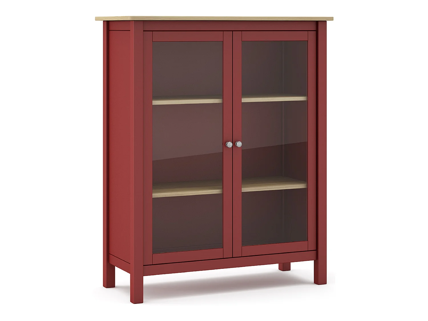 Vitrine en pin massif chêne et bordeaux, meuble de rangement avec 2 portes - Longueur 90 x Profondeur 40 x Hauteur 110 cm