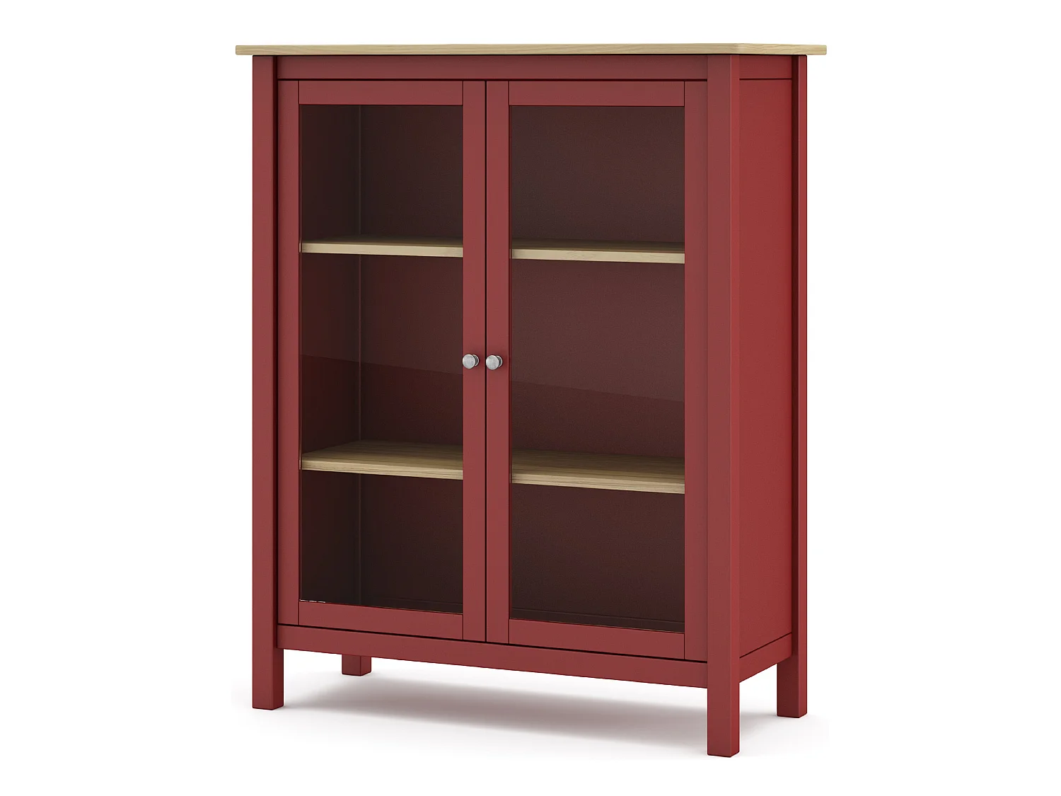 Vitrine en pin massif chêne et bordeaux, meuble de rangement avec 2 portes - Longueur 90 x Profondeur 40 x Hauteur 110 cm