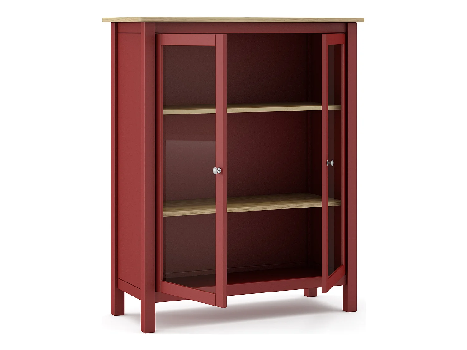 Vitrine en pin massif chêne et bordeaux, meuble de rangement avec 2 portes - Longueur 90 x Profondeur 40 x Hauteur 110 cm