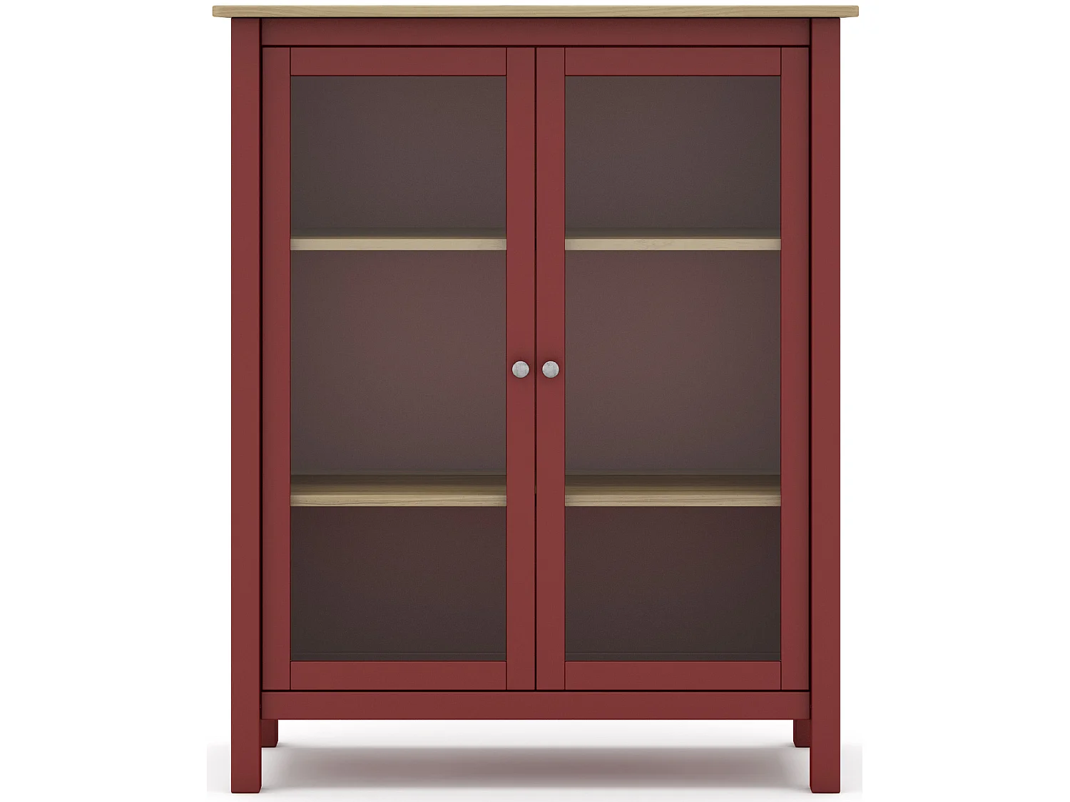 Vitrine en pin massif chêne et bordeaux, meuble de rangement avec 2 portes - Longueur 90 x Profondeur 40 x Hauteur 110 cm