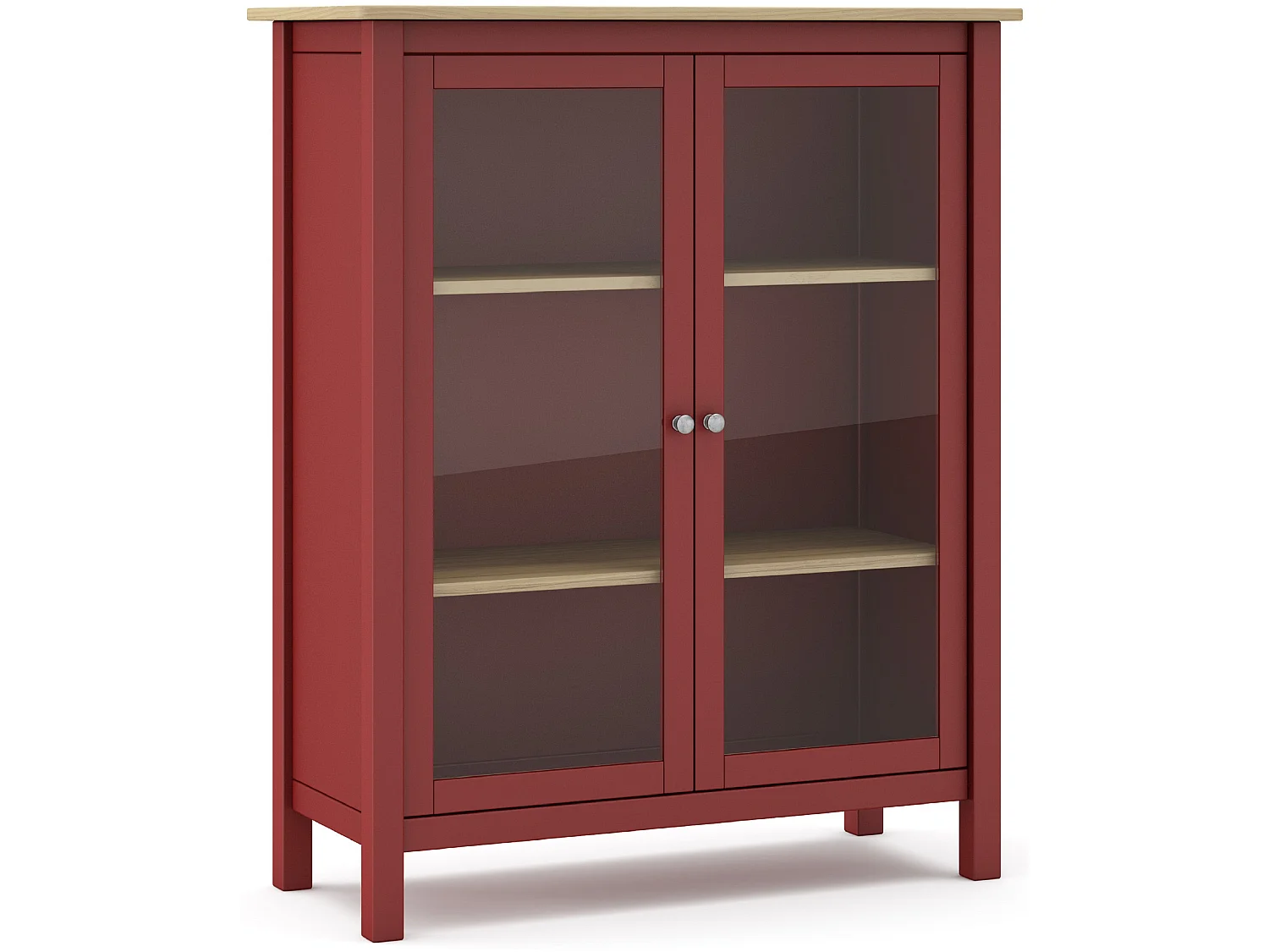 Vitrine en pin massif chêne et bordeaux, meuble de rangement avec 2 portes - Longueur 90 x Profondeur 40 x Hauteur 110 cm