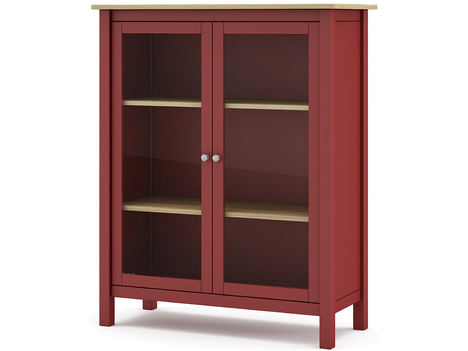 Vitrine en pin massif chêne et bordeaux, meuble de rangement avec 2 portes - Longueur 90 x Profondeur 40 x Hauteur 110 cm
