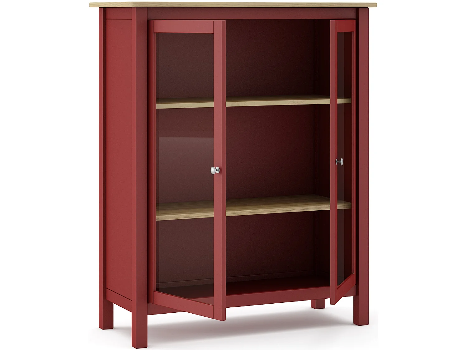 Vitrine en pin massif chêne et bordeaux, meuble de rangement avec 2 portes - Longueur 90 x Profondeur 40 x Hauteur 110 cm