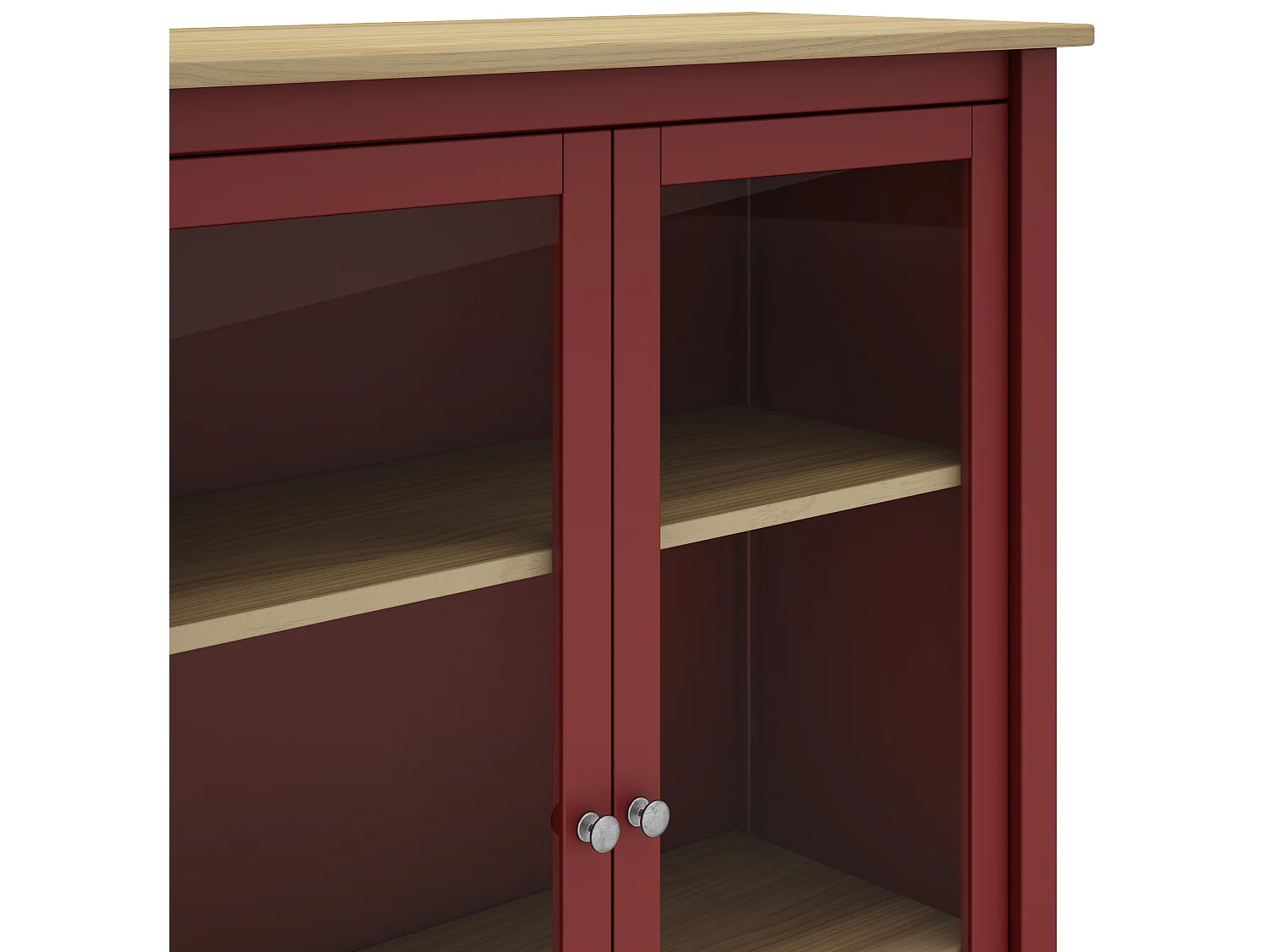 Vitrine en pin massif chêne et bordeaux, meuble de rangement avec 2 portes - Longueur 90 x Profondeur 40 x Hauteur 110 cm