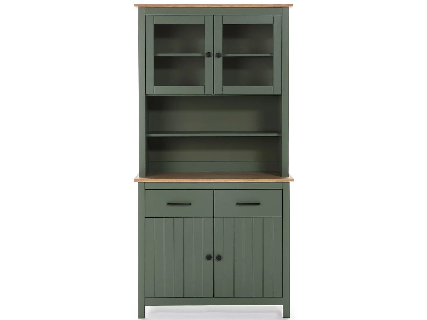 Vitrine en pin massif décor ciré chêne et vert, meuble de rangement - Longueur 90 x Profondeur 40 x Hauteur 180 cm