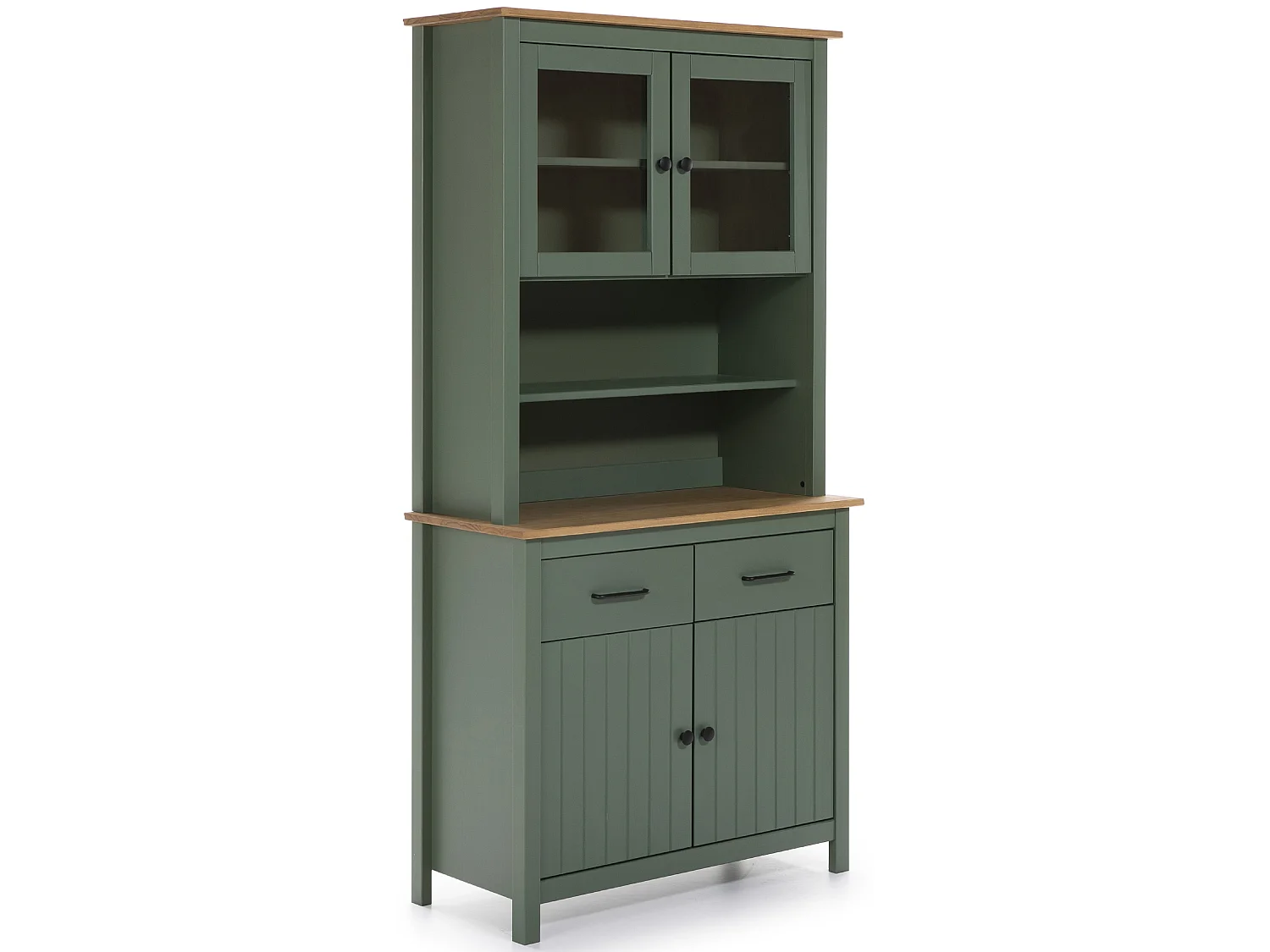 Vitrine en pin massif décor ciré chêne et vert, meuble de rangement - Longueur 90 x Profondeur 40 x Hauteur 180 cm