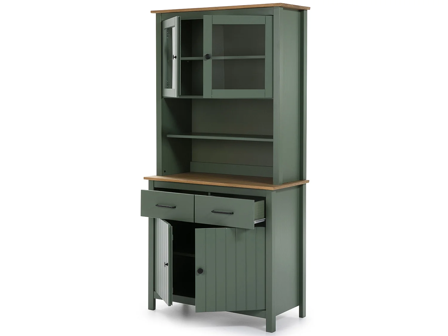 Vitrine en pin massif décor ciré chêne et vert, meuble de rangement - Longueur 90 x Profondeur 40 x Hauteur 180 cm