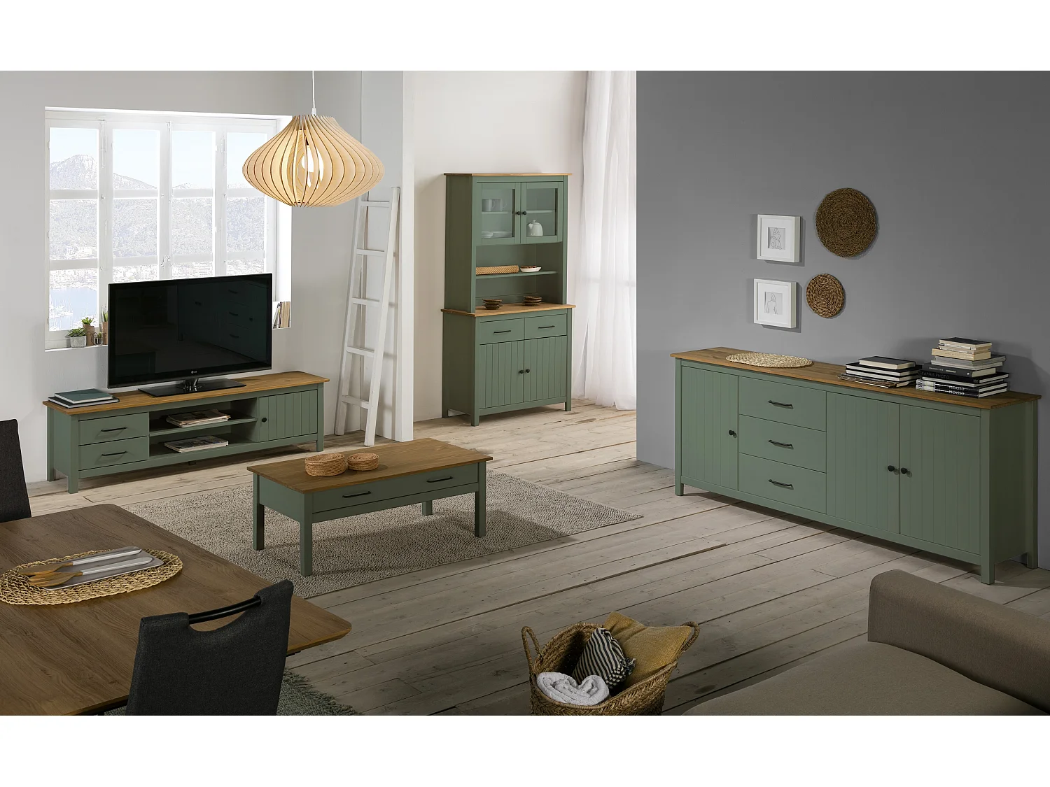 Vitrine en pin massif décor ciré chêne et vert, meuble de rangement - Longueur 90 x Profondeur 40 x Hauteur 180 cm