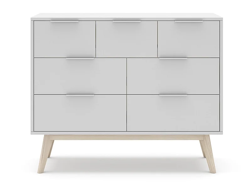 Commode, meuble de rangement en pin et MDF avec 7 tiroirs coloris blanc - Longueur 120  x Profondeur 40  x Hauteur 83  cm