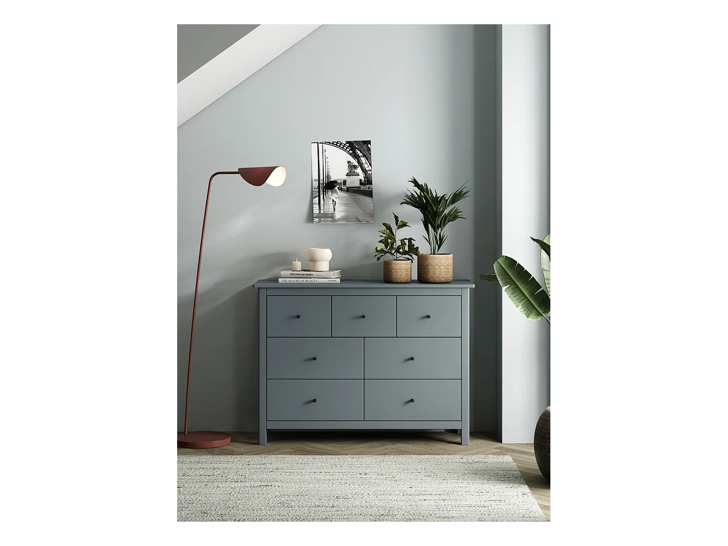 Commode, meuble de rangement en pin avec 7 tiroirs coloris Vert kaki  - Longueur 100 x Profondeur 40  x Hauteur 80 cm