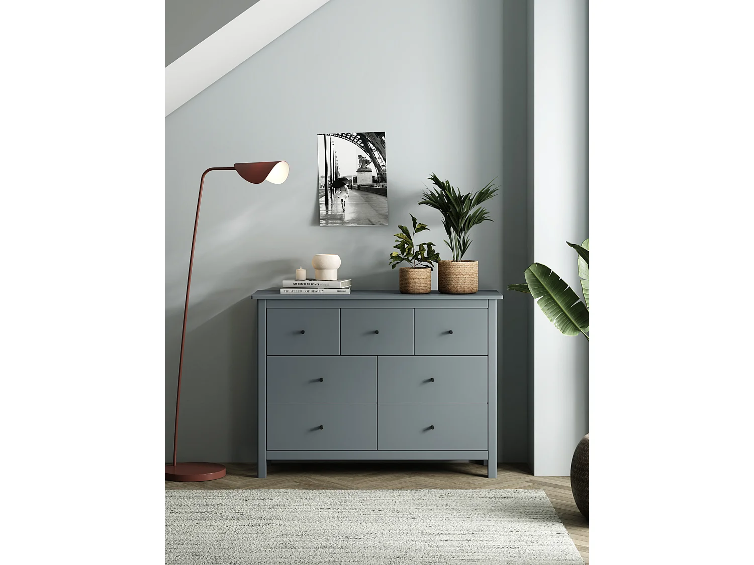 Commode, meuble de rangement en pin avec 7 tiroirs coloris Vert kaki  - Longueur 100 x Profondeur 40  x Hauteur 80 cm