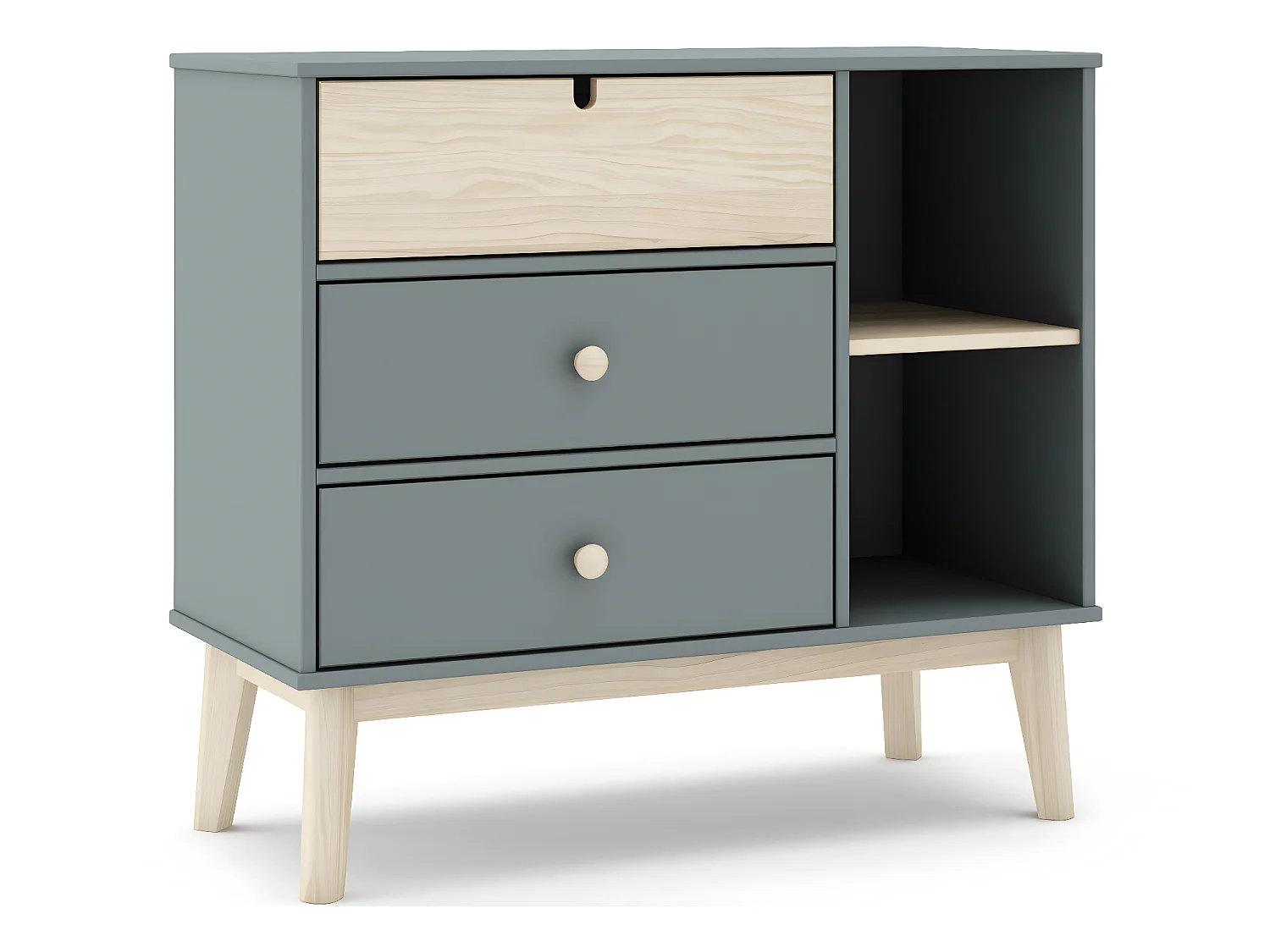 Commode, meuble de rangement en pin ciré et MDF coloris vert kaki, blanc  - Longueur 90  x Profondeur 40 x Hauteur 80  cm