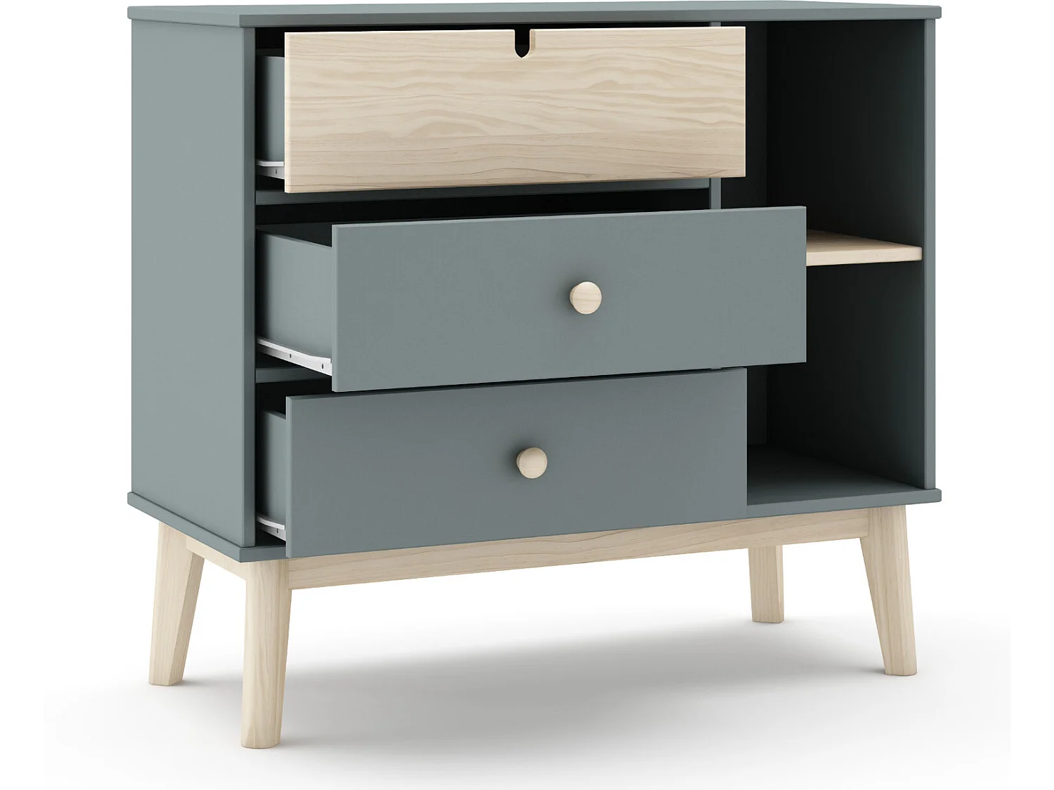 Commode, meuble de rangement en pin ciré et MDF coloris vert kaki, blanc  - Longueur 90  x Profondeur 40 x Hauteur 80  cm