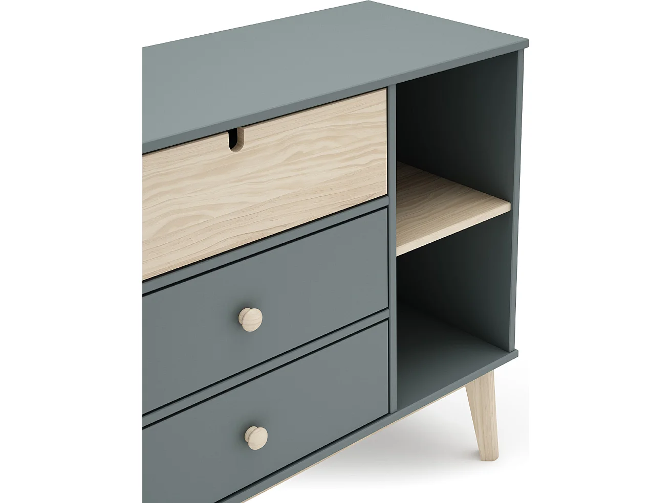 Commode, meuble de rangement en pin ciré et MDF coloris vert kaki, blanc  - Longueur 90  x Profondeur 40 x Hauteur 80  cm