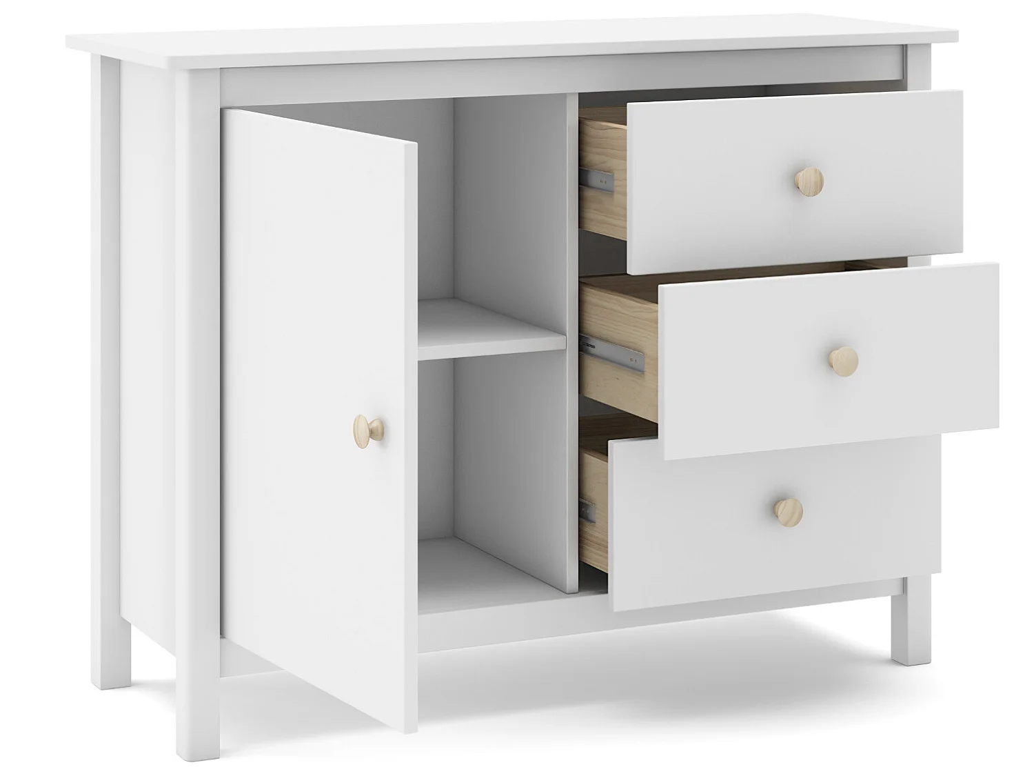 Commode, meuble de rangement avec 3 tiroirs en pin coloris blanc - Longueur  90 x Profondeur 40  x Hauteur 80 cm