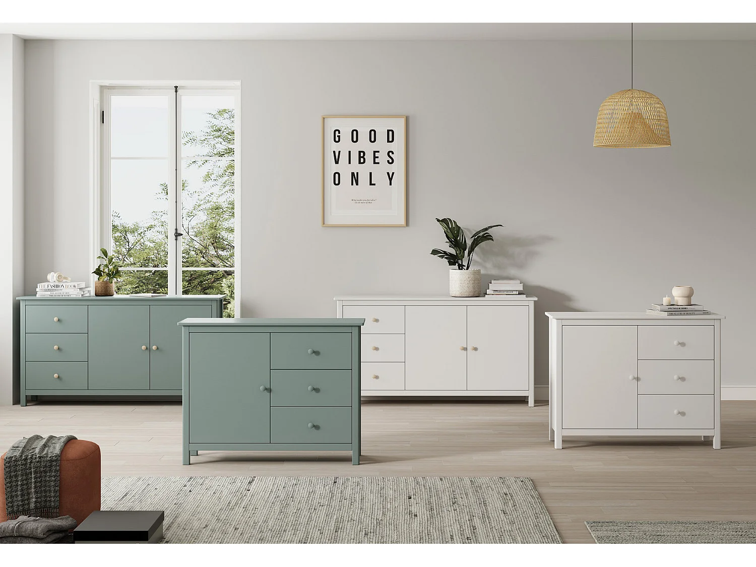Commode, meuble de rangement avec 3 tiroirs en pin coloris blanc - Longueur  90 x Profondeur 40  x Hauteur 80 cm