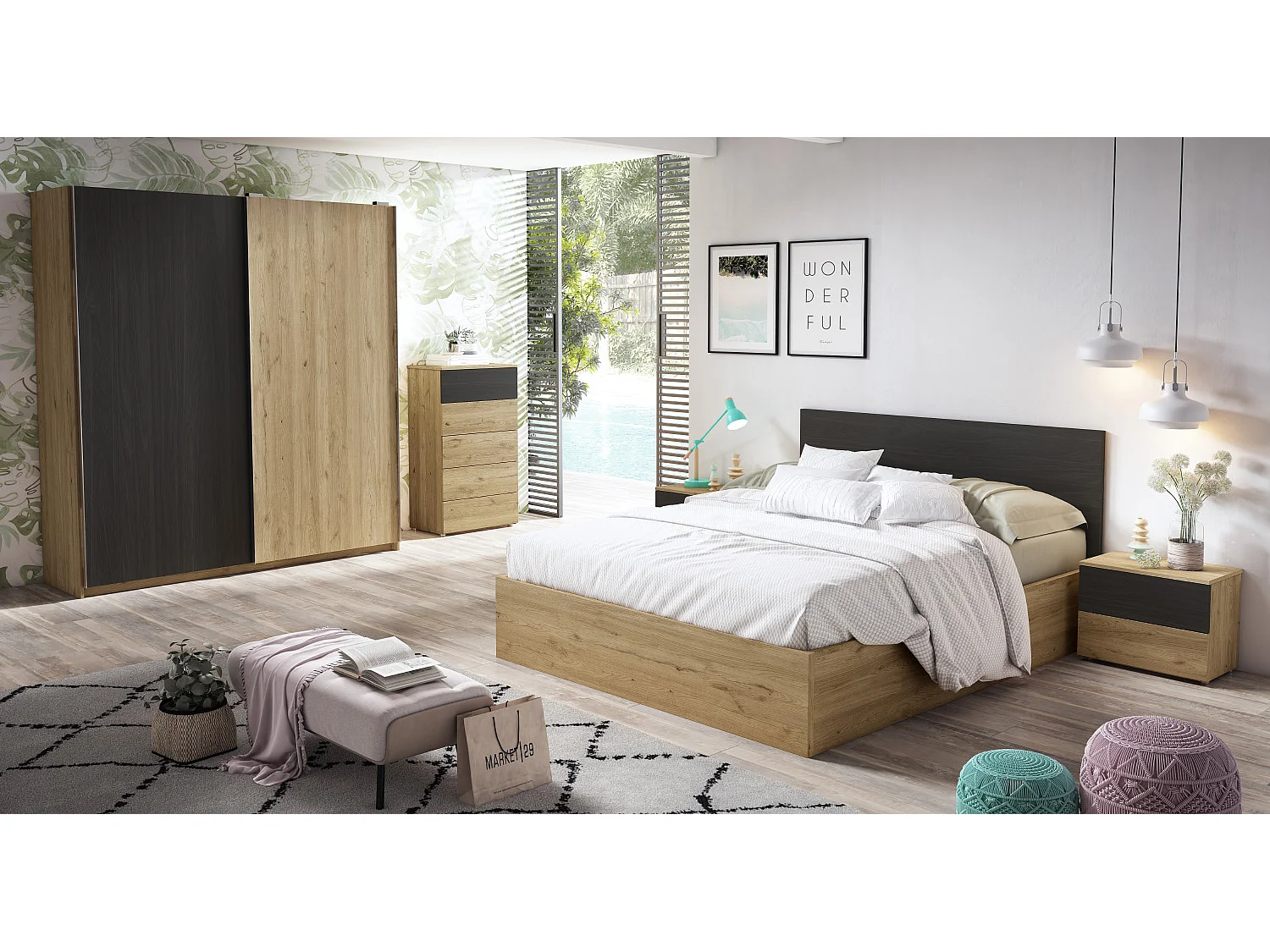 Chiffonnier, meuble de rangement coloris naturel, noir - Longueur 62 x Profondeur 40 x Hauteur 111 cm