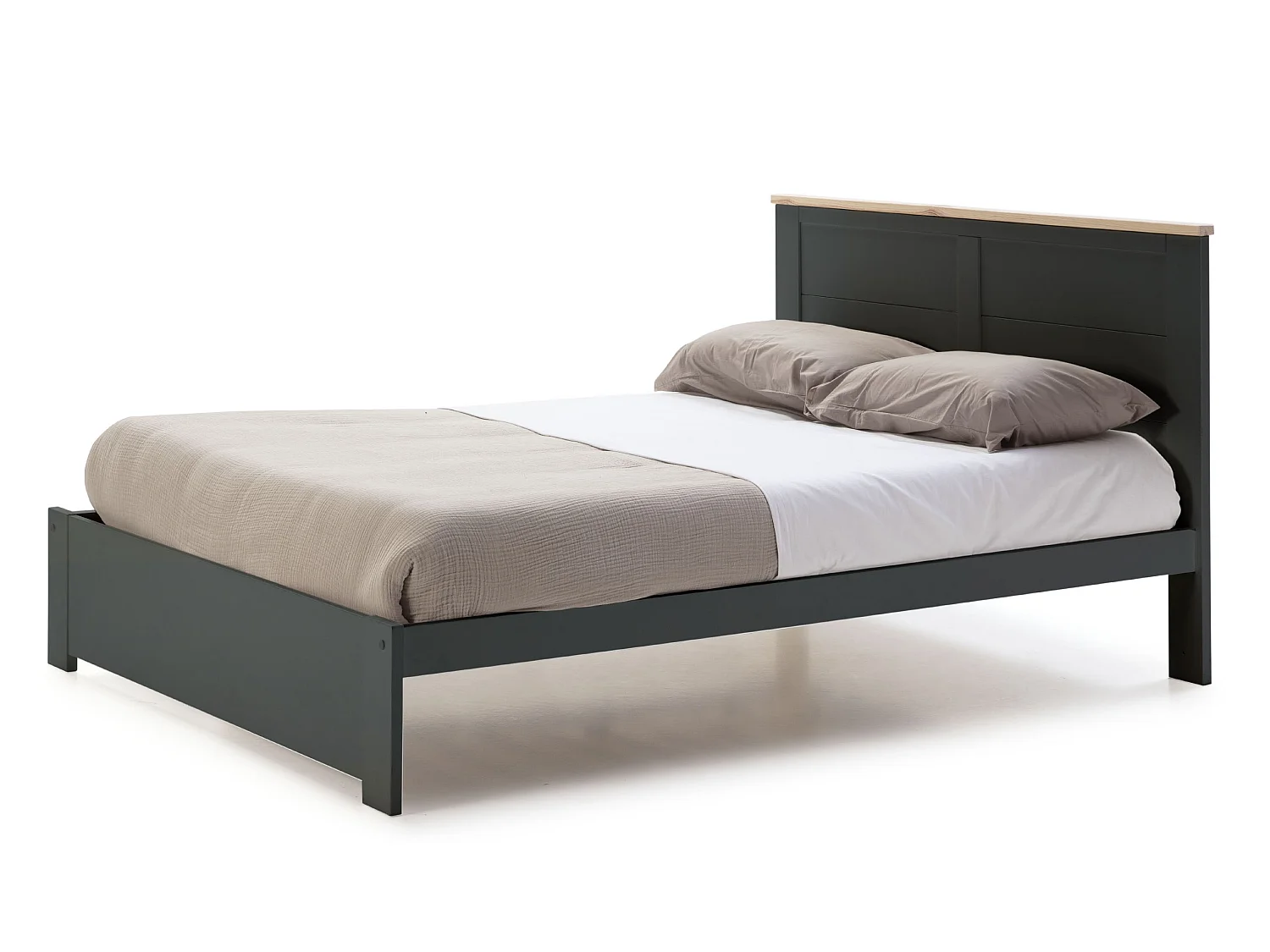 Lit adulte en pin et MDF coloris blanc, gris anthracite -Longueur 197,7 x Profondeur 152,2 x Hauteur 100 cm