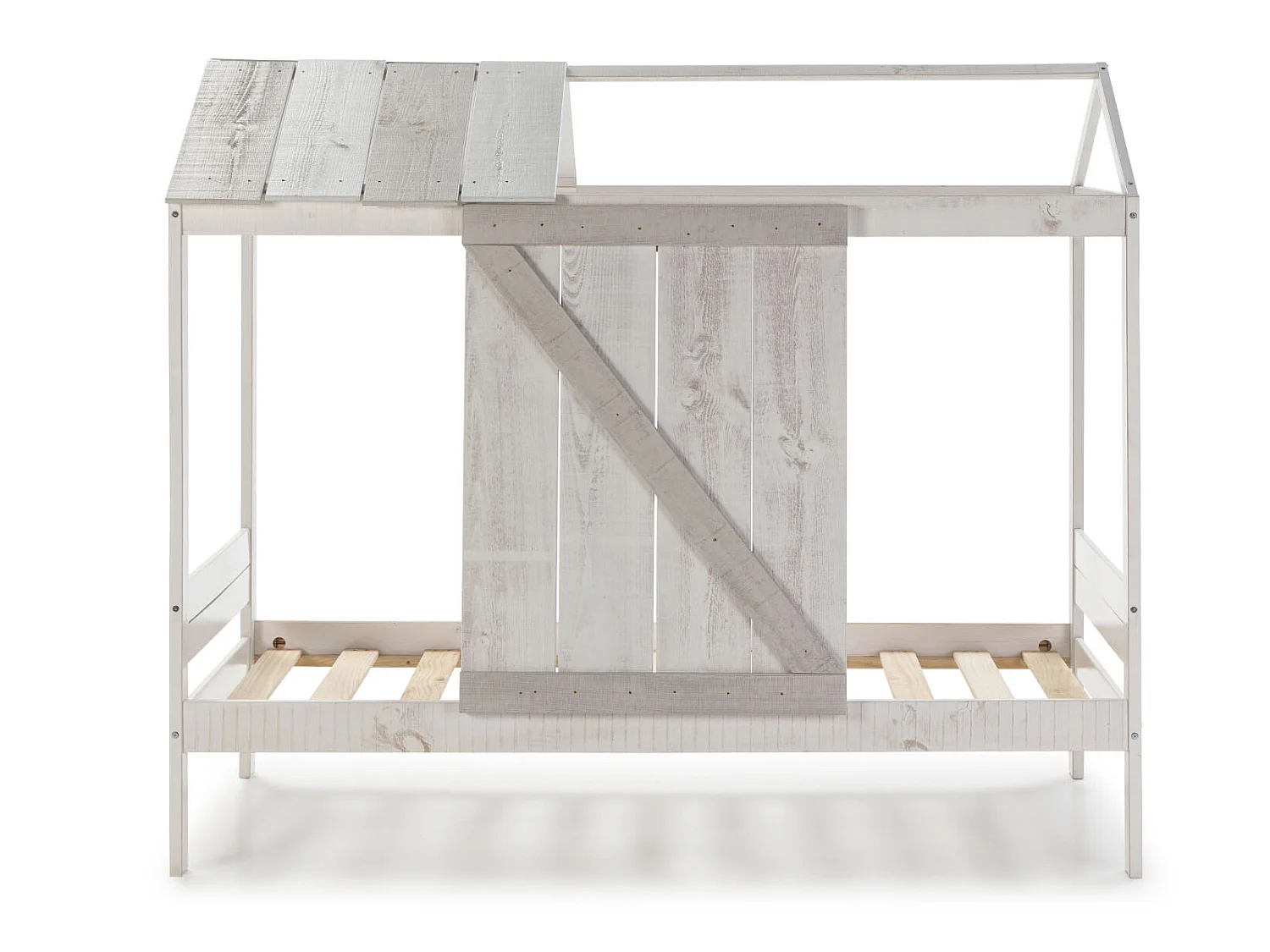 Lit enfant cabane en MDF et pin coloris blanc, gris clair - Longueur 197,6  x Profondeur 101,70 x Hauteur 174,50  cm