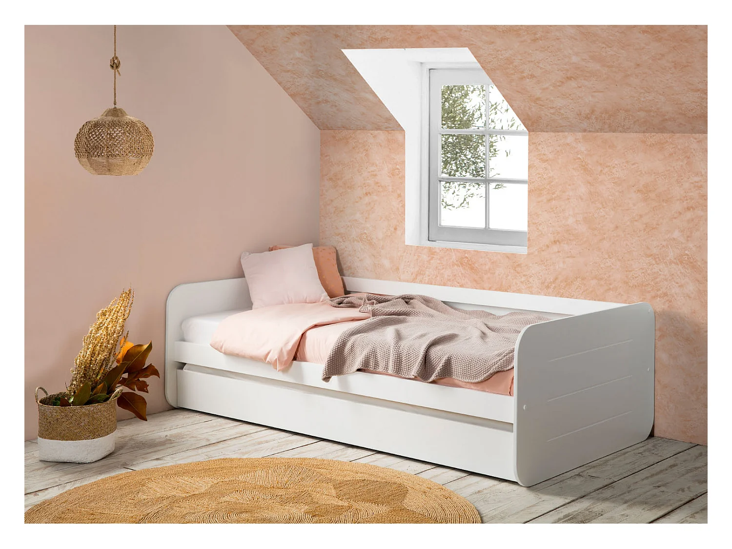 Lit enfant gigogne en MDF coloris blanc - Longueur 195,2  x Profondeur 105  x Hauteur 62 cm