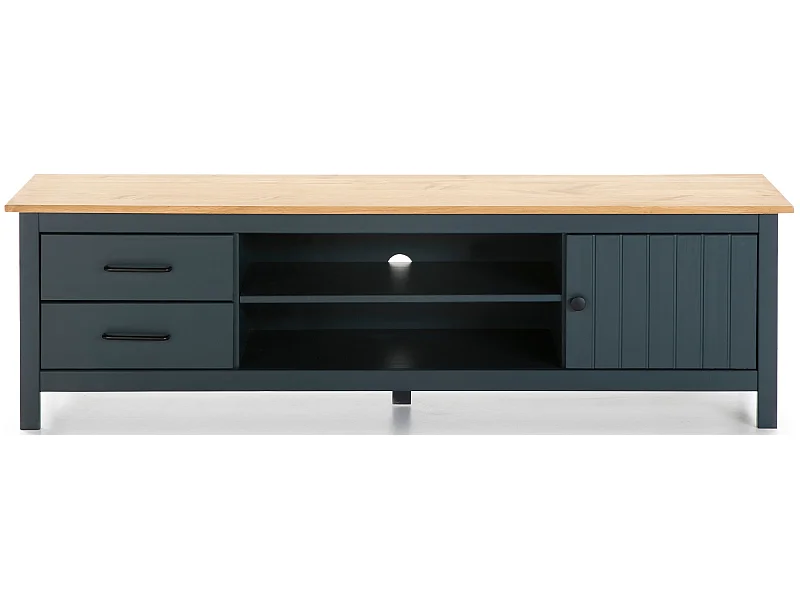 Meuble TV en pin massif décor ciré chêne et bleu, meuble de rangement - Longueur 158 x Profondeur 40 x Hauteur 47 cm