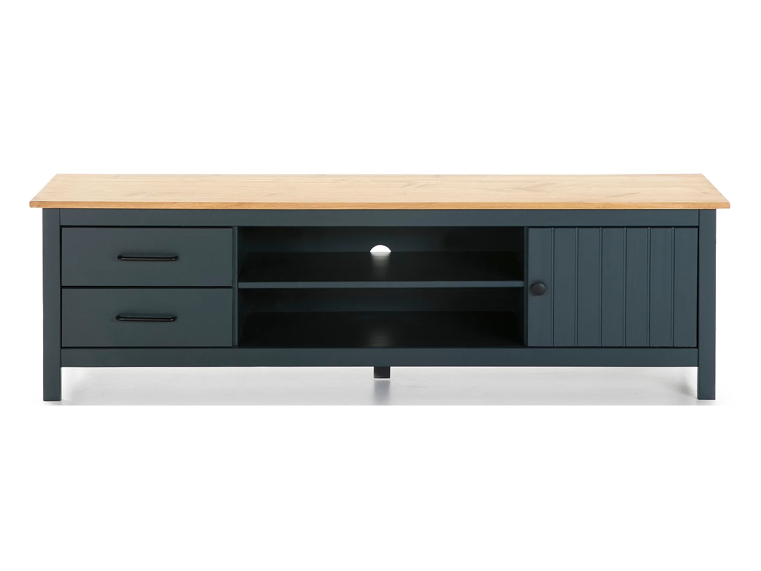 Meuble TV en pin massif décor ciré chêne et bleu, meuble de rangement - Longueur 158 x Profondeur 40 x Hauteur 47 cm