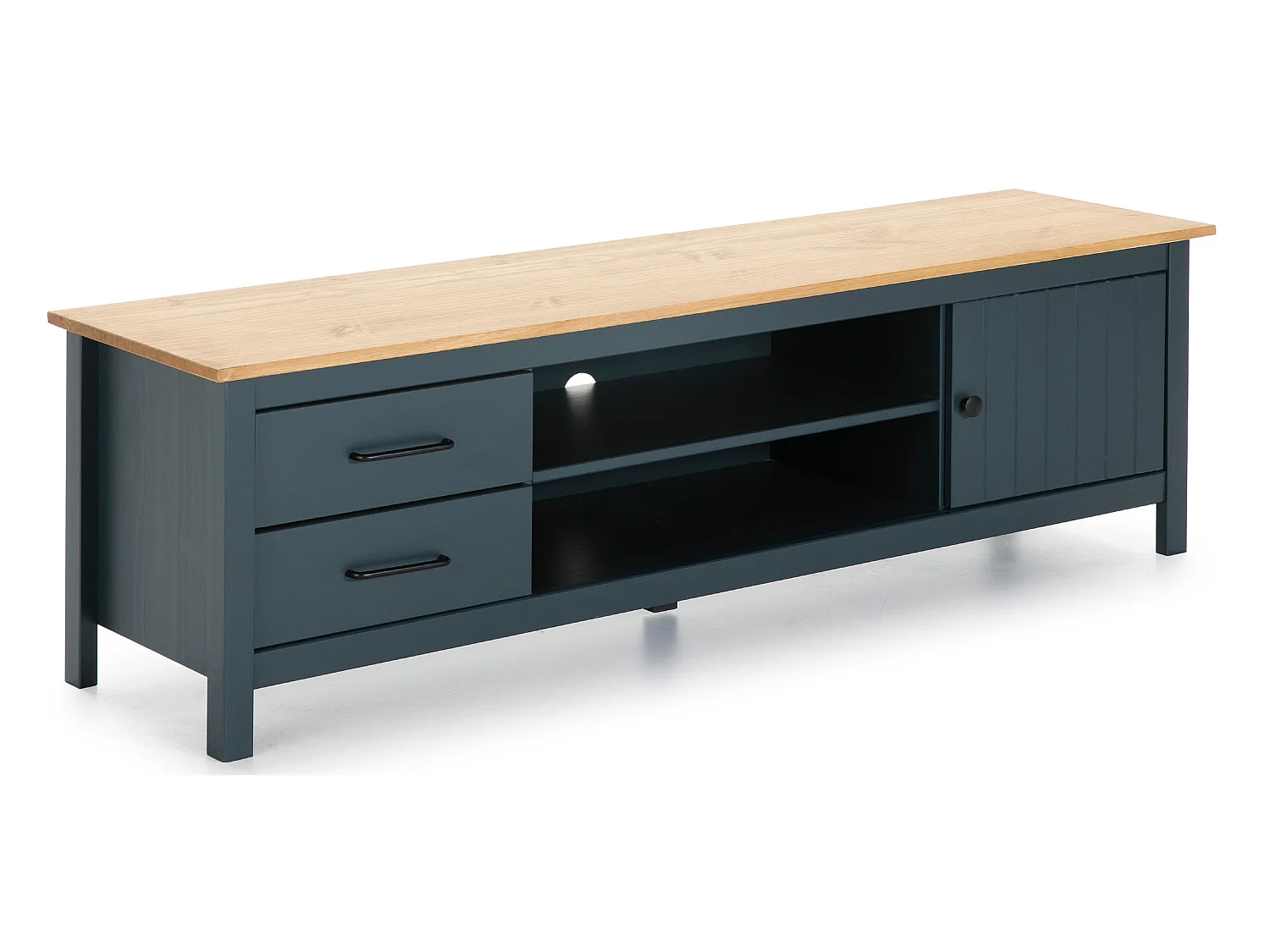 Meuble TV en pin massif décor ciré chêne et bleu, meuble de rangement - Longueur 158 x Profondeur 40 x Hauteur 47 cm