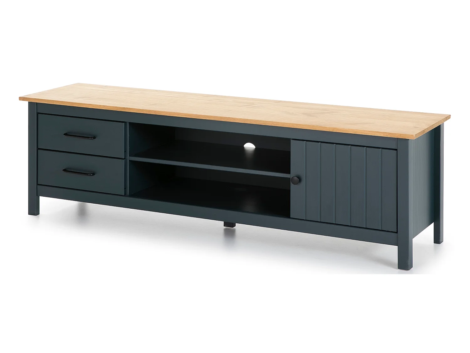 Meuble TV en pin massif décor ciré chêne et bleu, meuble de rangement - Longueur 158 x Profondeur 40 x Hauteur 47 cm