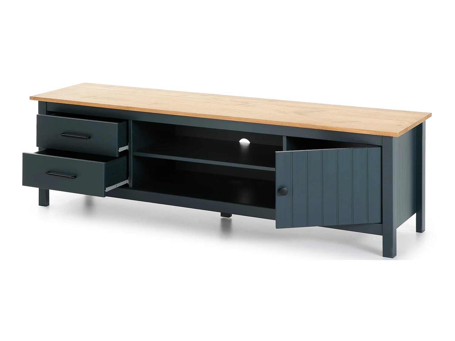 Meuble TV en pin massif décor ciré chêne et bleu, meuble de rangement - Longueur 158 x Profondeur 40 x Hauteur 47 cm