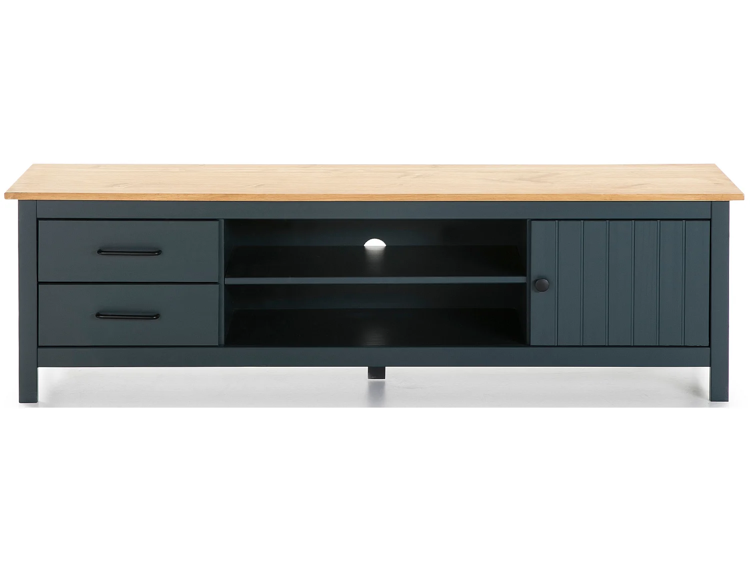 Meuble TV en pin massif décor ciré chêne et bleu, meuble de rangement - Longueur 158 x Profondeur 40 x Hauteur 47 cm