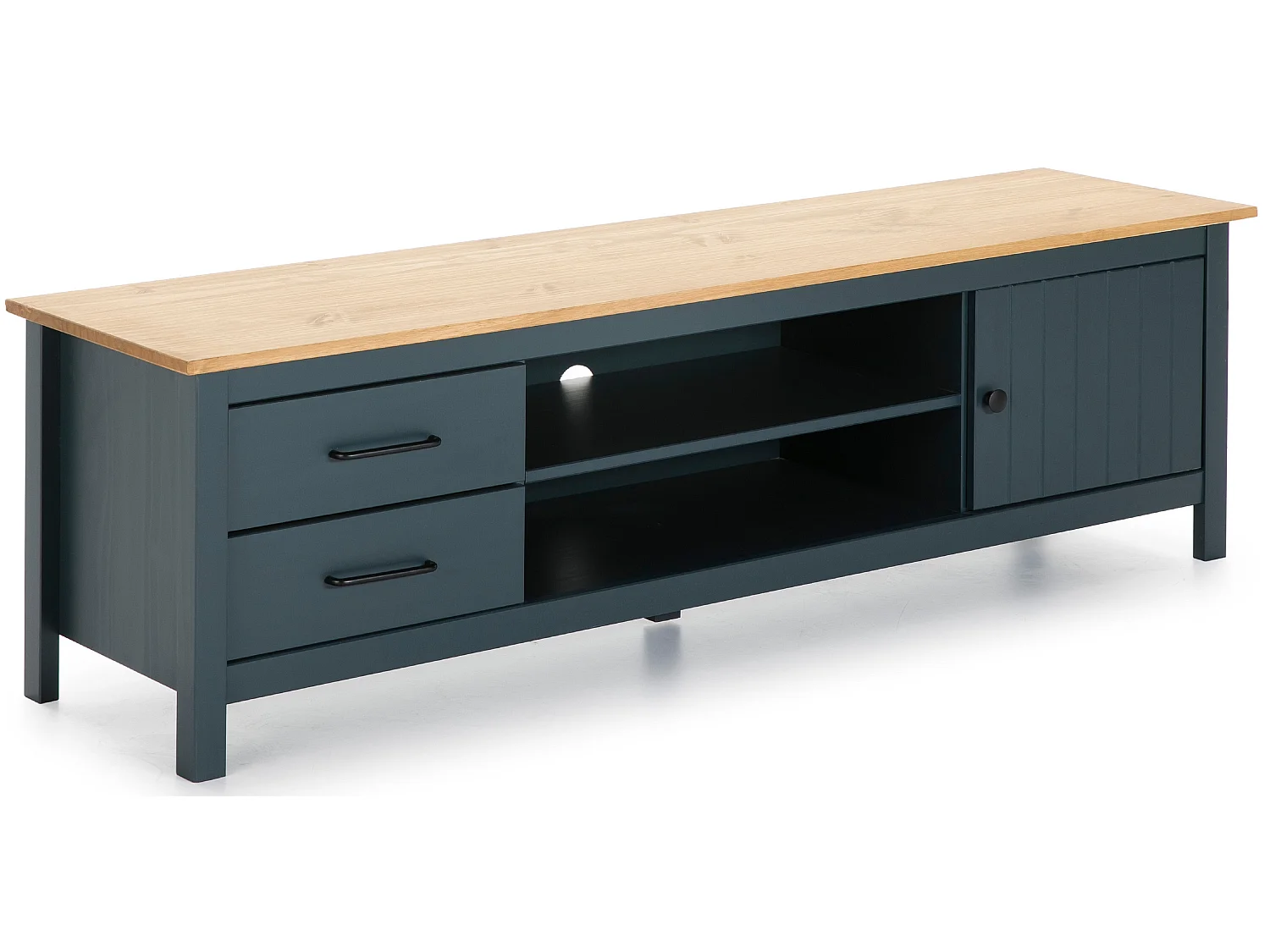 Meuble TV en pin massif décor ciré chêne et bleu, meuble de rangement - Longueur 158 x Profondeur 40 x Hauteur 47 cm