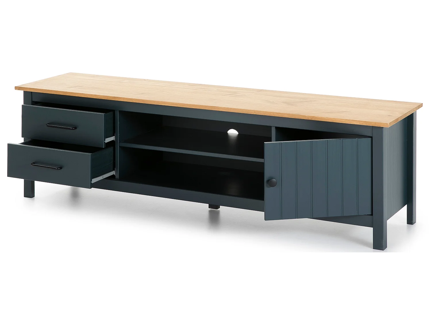 Meuble TV en pin massif décor ciré chêne et bleu, meuble de rangement - Longueur 158 x Profondeur 40 x Hauteur 47 cm