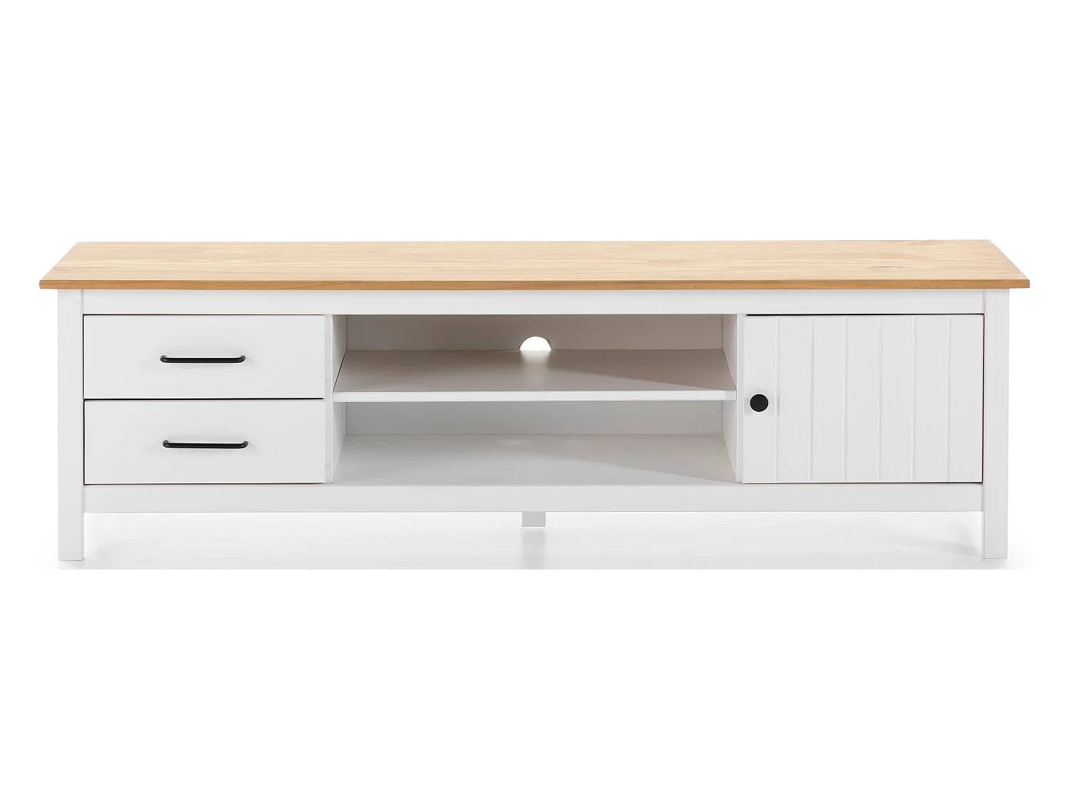 Meuble TV en pin massif décor ciré chêne et blanc, meuble de rangement - Longueur 158 x Profondeur 40 x Hauteur 47 cm