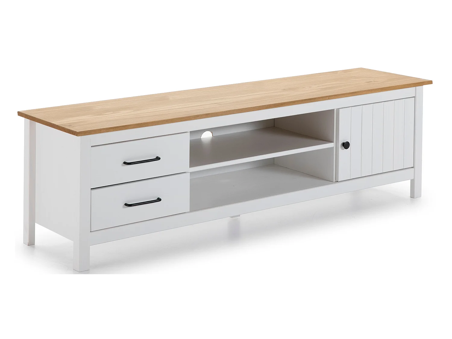 Meuble TV en pin massif décor ciré chêne et blanc, meuble de rangement - Longueur 158 x Profondeur 40 x Hauteur 47 cm