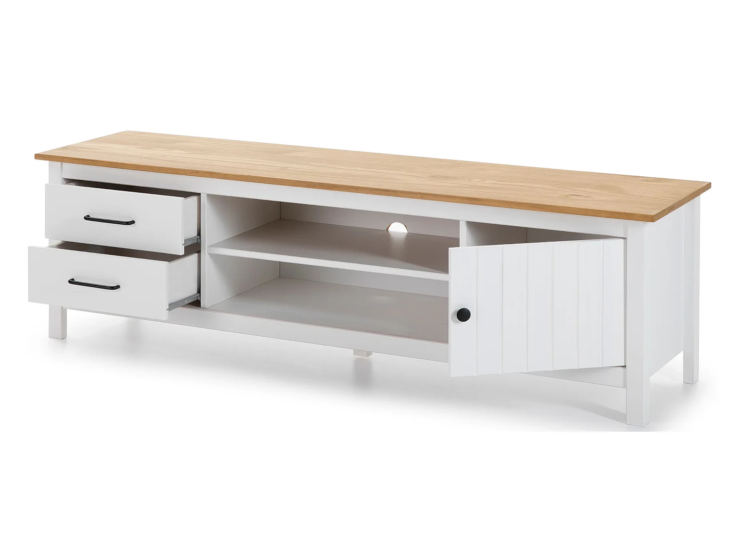 Meuble TV en pin massif décor ciré chêne et blanc, meuble de rangement - Longueur 158 x Profondeur 40 x Hauteur 47 cm