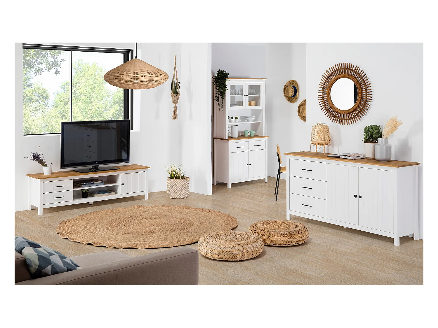 Meuble TV en pin massif décor ciré chêne et blanc, meuble de rangement - Longueur 158 x Profondeur 40 x Hauteur 47 cm