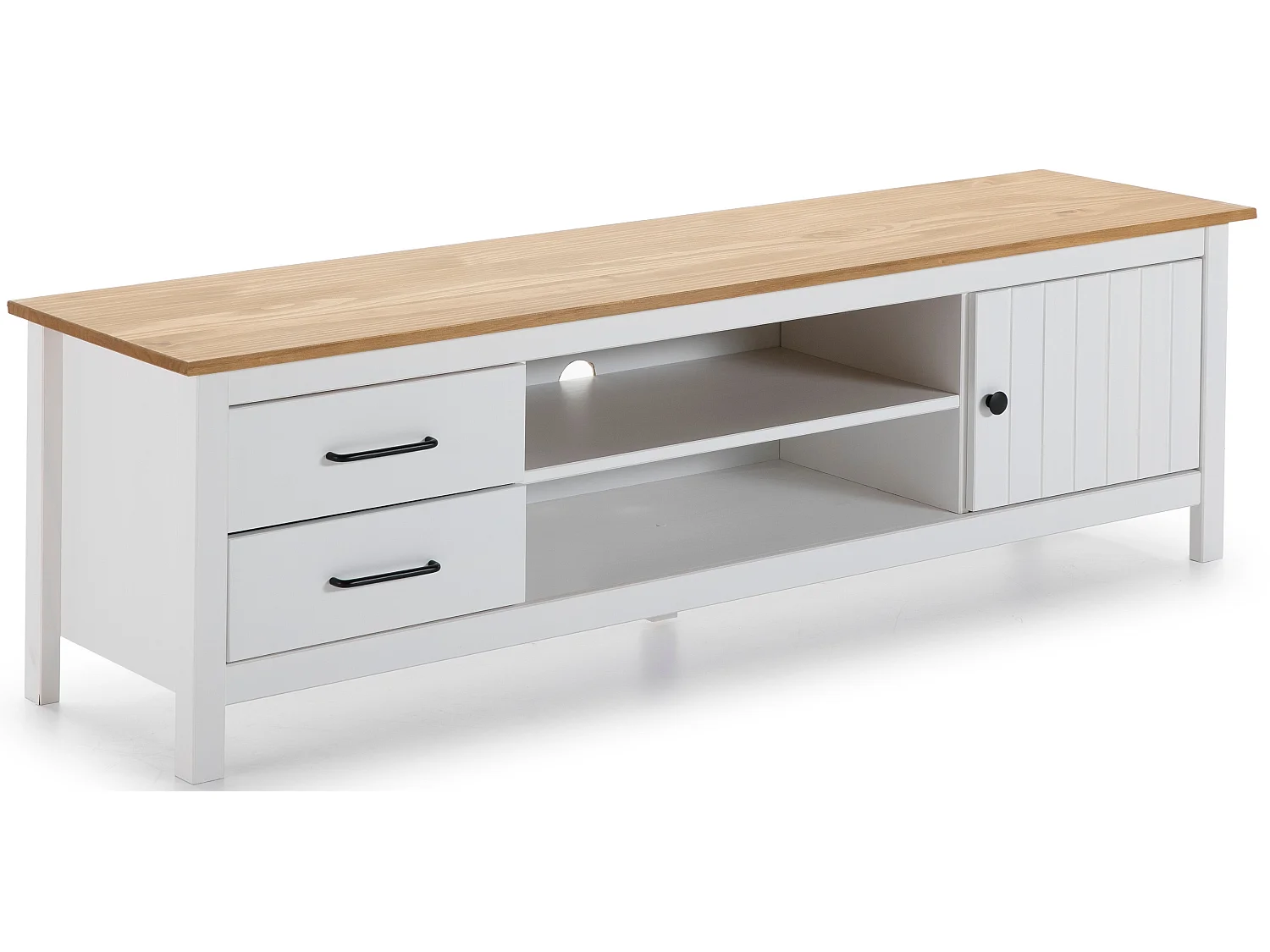 Meuble TV en pin massif décor ciré chêne et blanc, meuble de rangement - Longueur 158 x Profondeur 40 x Hauteur 47 cm