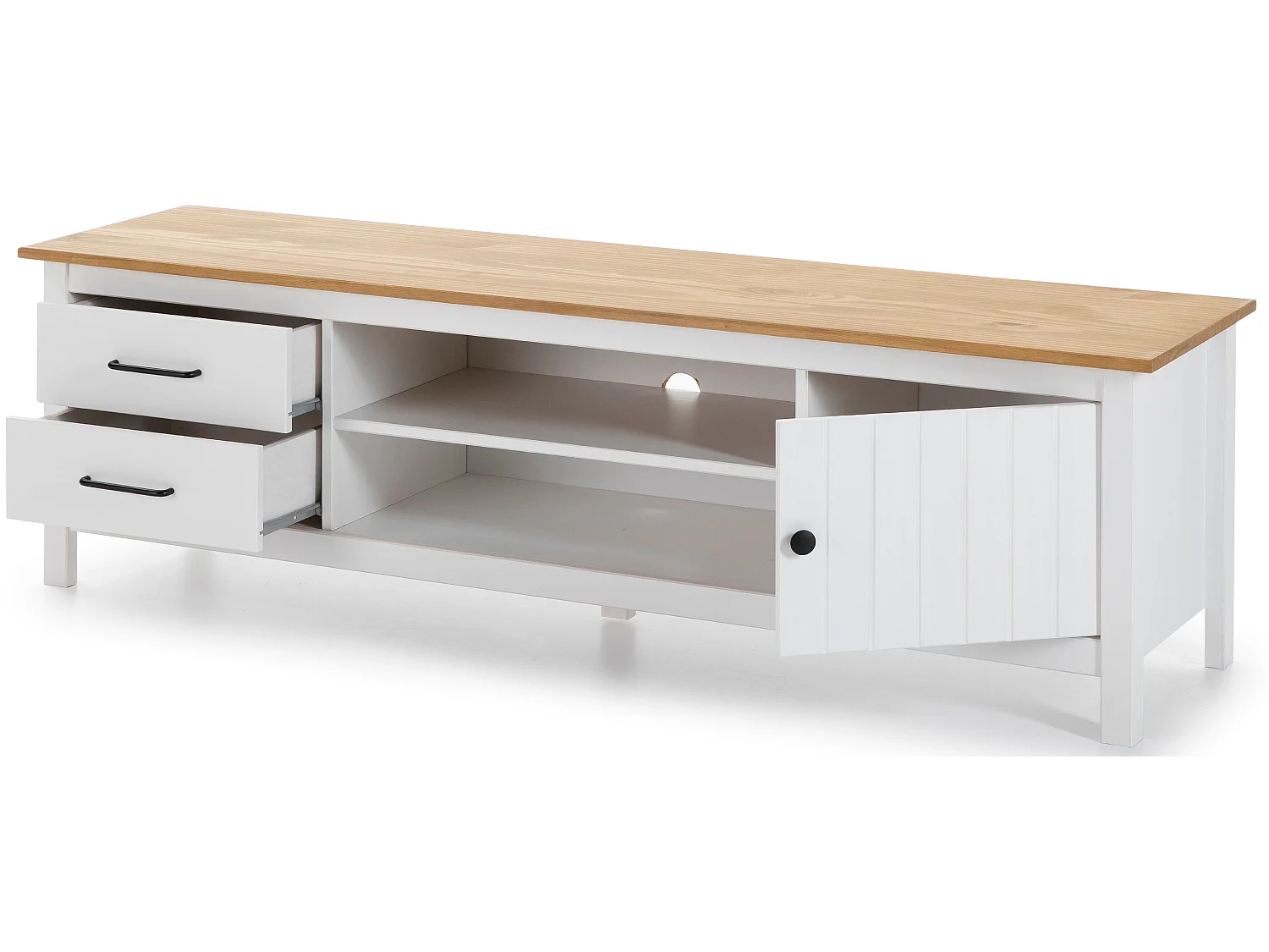 Meuble TV en pin massif décor ciré chêne et blanc, meuble de rangement - Longueur 158 x Profondeur 40 x Hauteur 47 cm