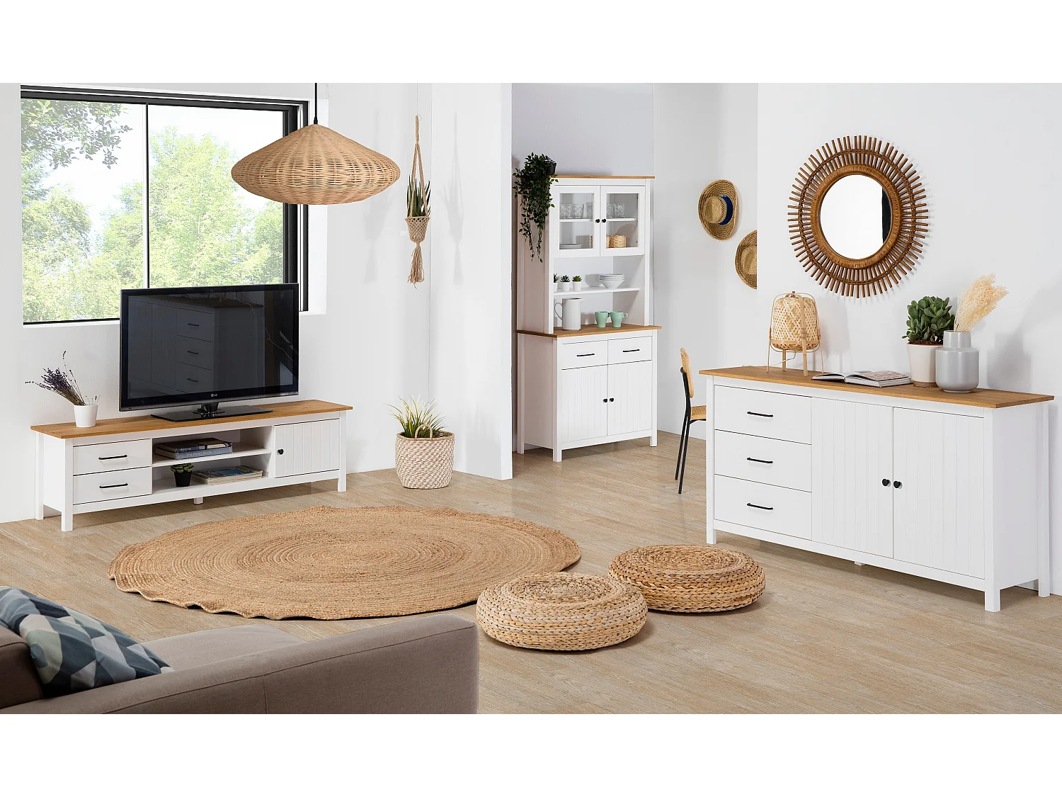 Meuble TV en pin massif décor ciré chêne et blanc, meuble de rangement - Longueur 158 x Profondeur 40 x Hauteur 47 cm