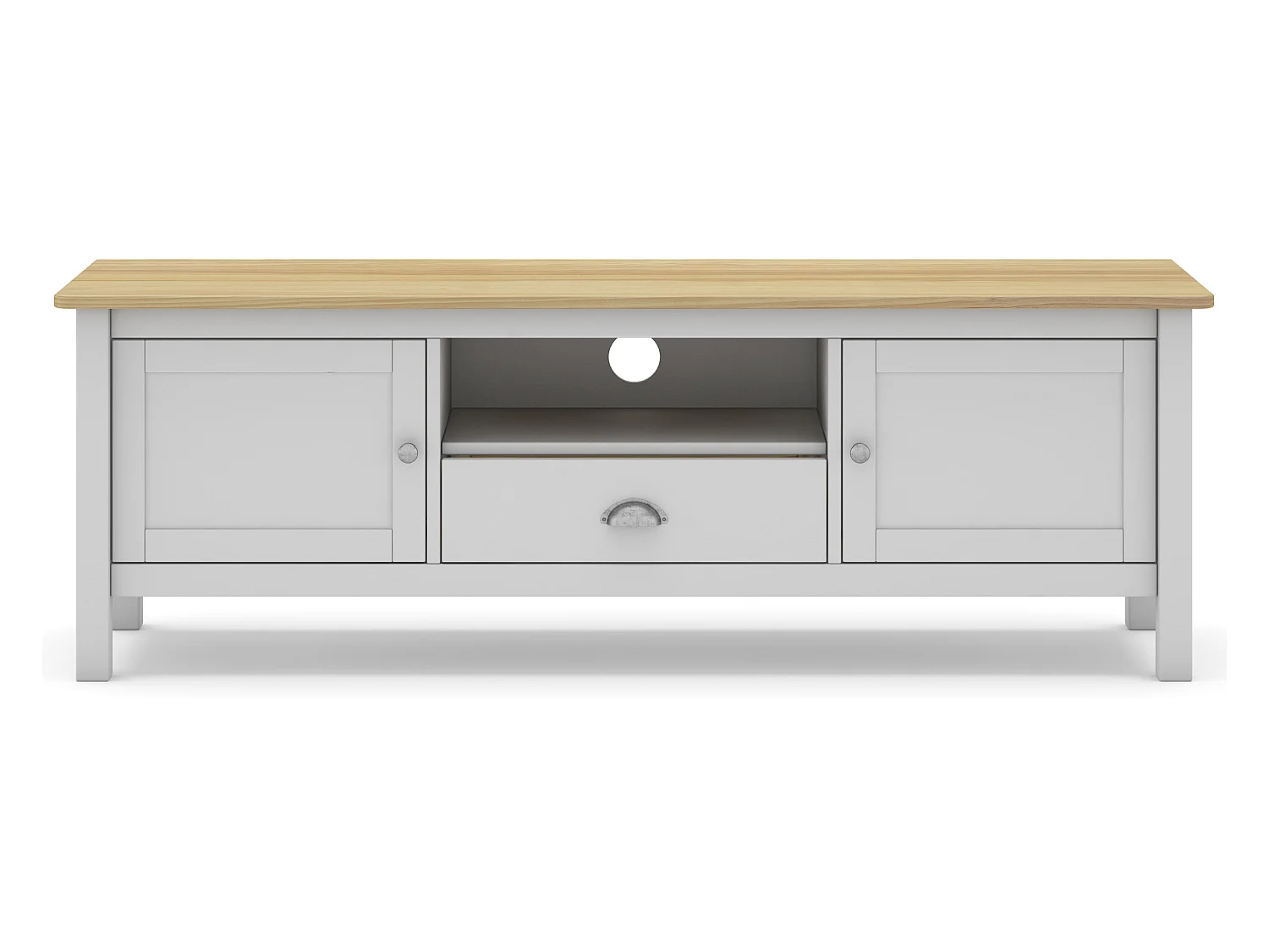 Meuble TV en pin massif chêne et blanc, meuble de rangement - Longueur 158 x Profondeur 40 x Hauteur 53 cm