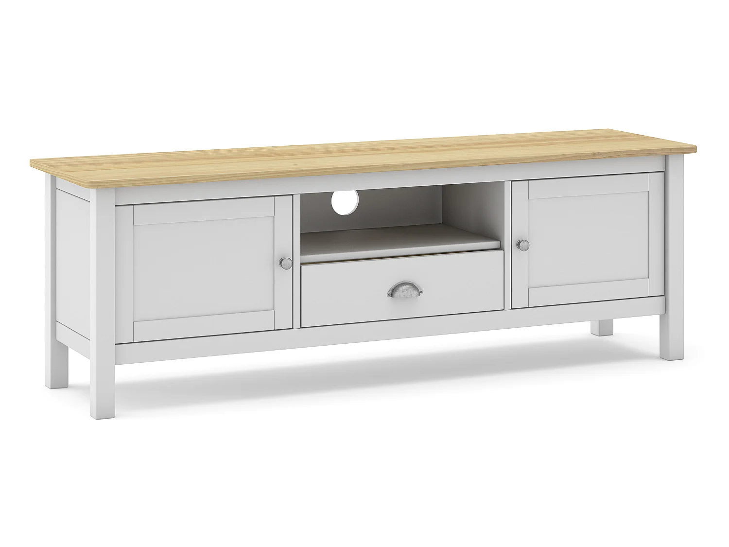 Meuble TV en pin massif chêne et blanc, meuble de rangement - Longueur 158 x Profondeur 40 x Hauteur 53 cm