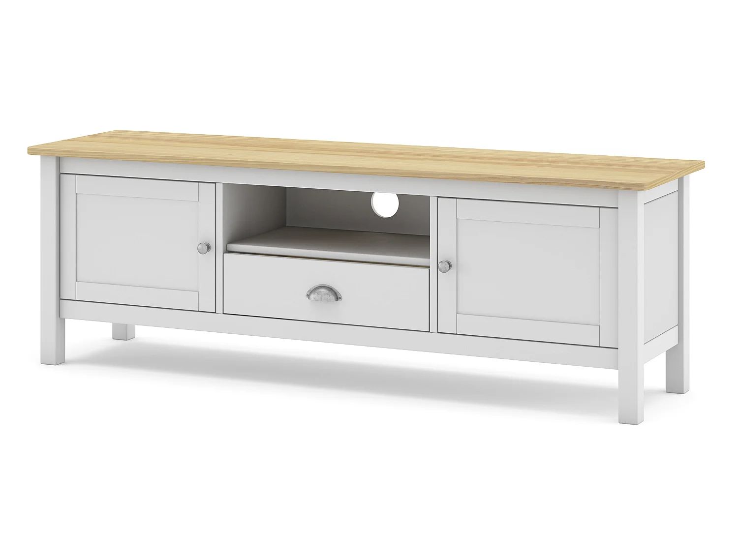 Meuble TV en pin massif chêne et blanc, meuble de rangement - Longueur 158 x Profondeur 40 x Hauteur 53 cm