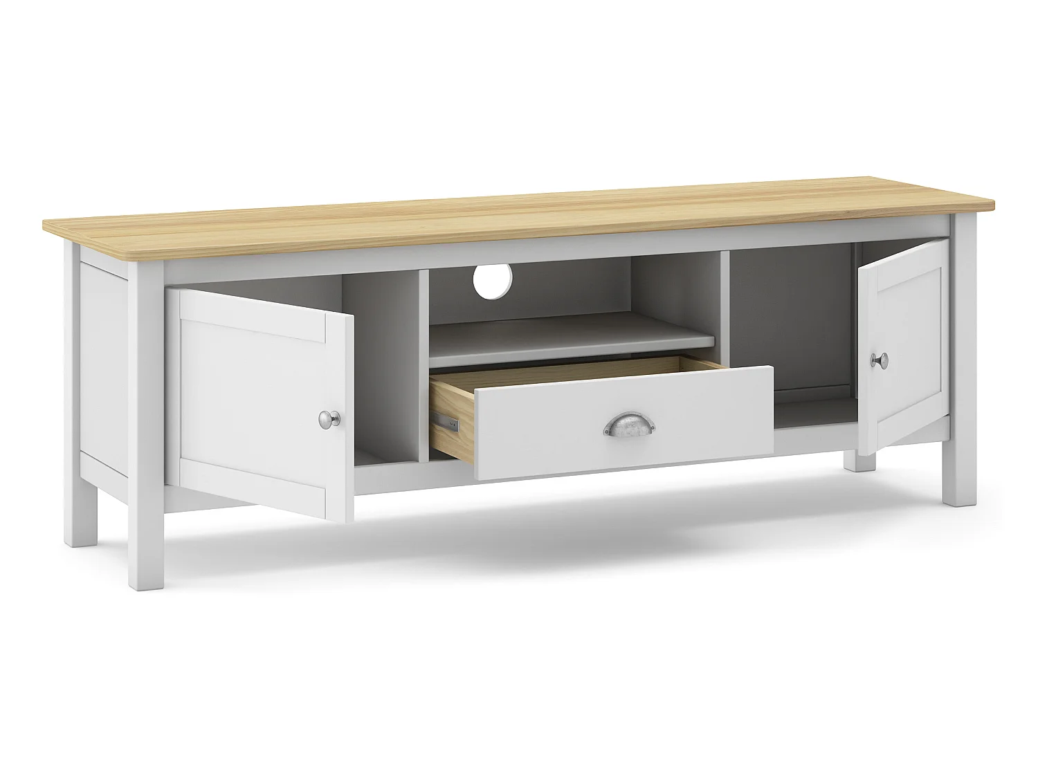 Meuble TV en pin massif chêne et blanc, meuble de rangement - Longueur 158 x Profondeur 40 x Hauteur 53 cm