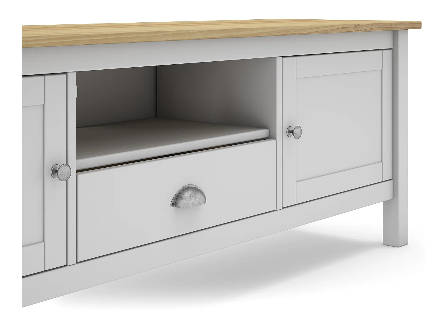 Meuble TV en pin massif chêne et blanc, meuble de rangement - Longueur 158 x Profondeur 40 x Hauteur 53 cm