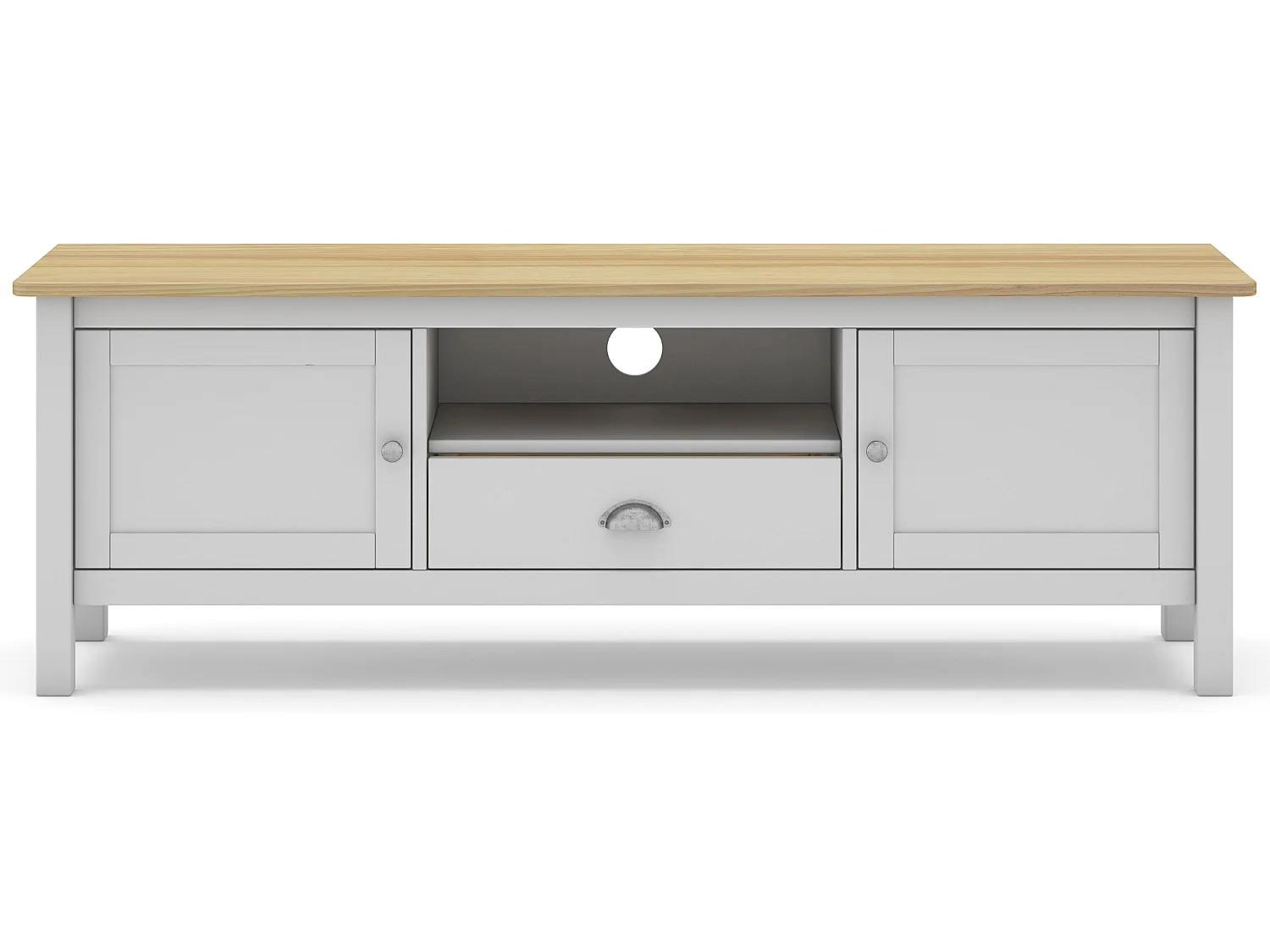 Meuble TV en pin massif chêne et blanc, meuble de rangement - Longueur 158 x Profondeur 40 x Hauteur 53 cm